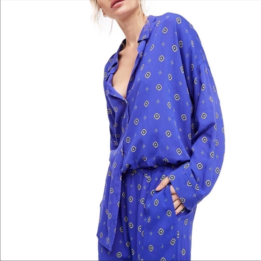 Free People Blue Medallion‎ Print Button Down Shirt